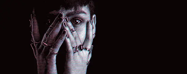 Vector illustration of Woman peeking through fingers with Glitch Technique