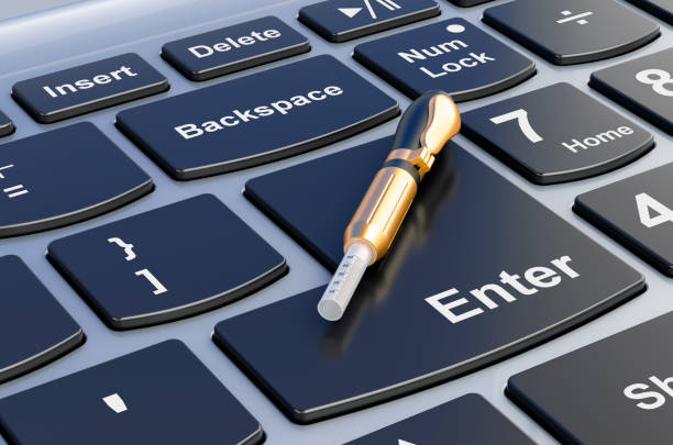 istock Hyaluronic pen on laptop keyboard, 3D rendering 1485827687