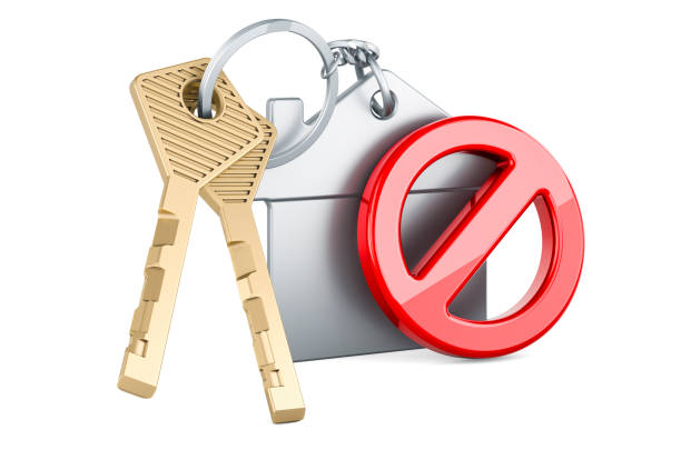 Home key with keychain with forbidden symbol, 3D rendering isolated on white background