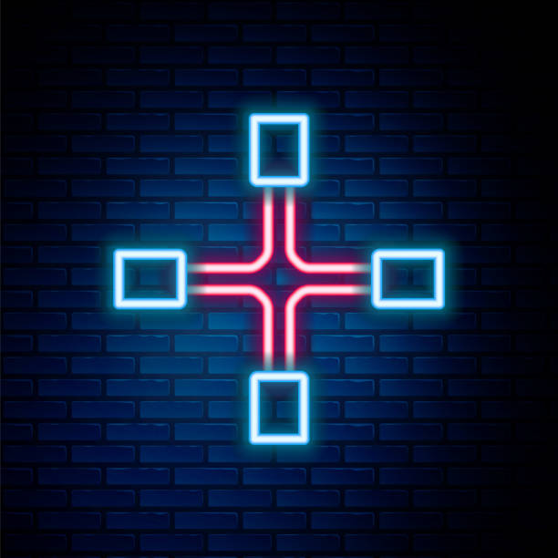 istock Glowing neon line Wheel wrench icon isolated on brick wall background. Wheel brace. Colorful outline concept. Vector 1485828509