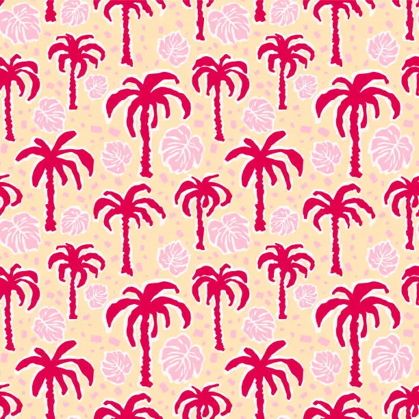 Vector illustration of Palm Tree and Tropical Leaves Magenta Color Vector Repeat Seamless Pattern Design Illustration
