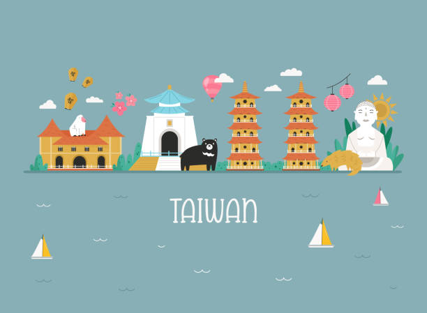 wektorowy kolorowy wzór, baner, karta z ikonami, słynne symbole tajwanu - backgrounds cityscape taipei taiwan stock illustrations