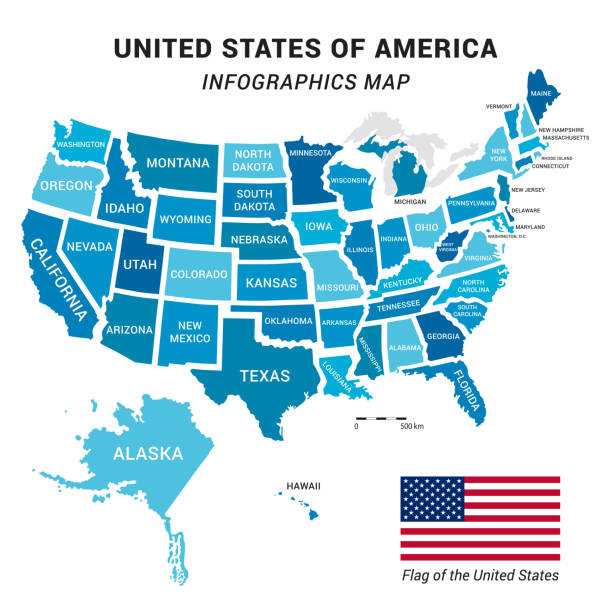 USA map with all federal states including Alaska and Hawaii vector art illustration