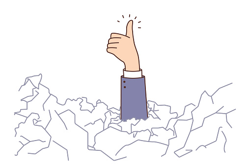 Closeup of businessman buried under paper pile stretch hand show thumb up. Male employee overwhelmed with paperwork demonstrate optimism. Vector illustration.