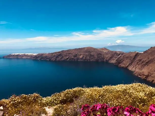 View from Fira, Santorini over the submerged caldera, Greece