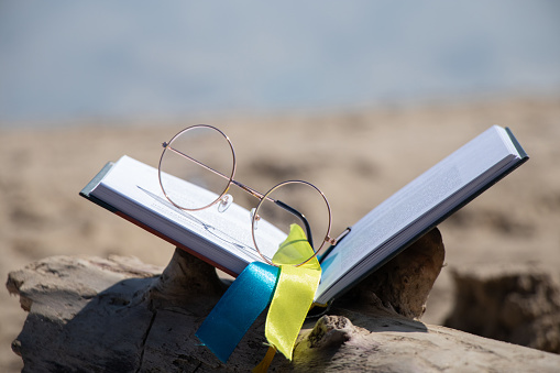 A book with a ribbon of the flag of Ukraine and glasses lies on the banks of the Dnieper River in Ukraine, education in Ukraine