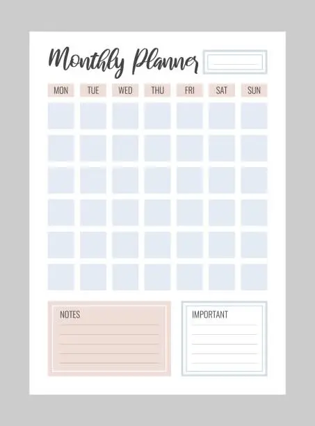 Vector illustration of Monthly planner printable vector template. Blank organizer page A4, A5.  Business schedule page for a month for effective planning. Personal notebook. Week starts on Monday. Paper sheet. White background.