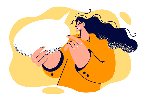 Woman smiling pointing finger at conversation bubble to recommend paying attention to messages with important information. Woman with dialogue cloud in hands pays attention to phrase or words said earlier