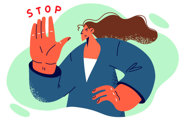 istock Determined woman making stop gesture with palm outstretched to rejecting harassment from colleagues 1485839679