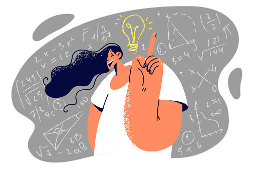 Woman student came up idea stands at blackboard covered with formulas solving mathematical exercise. Light bulb near head of student girl raised finger having come up with brilliant idea