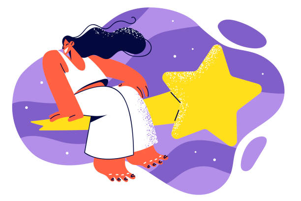 ilustrações de stock, clip art, desenhos animados e ícones de smiling woman sits on space star flying through endless universe and conquering different galaxies - spacewoman