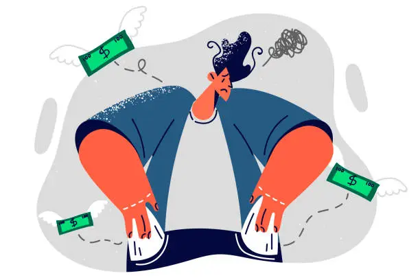 Vector illustration of Man experiencing financial problems due to unemployment and lack of education shows empty pockets