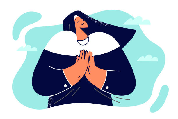 Woman nun of Christian church folded hands in front of chest to turn to God for help and pray Woman nun of Christian church folded hands in front of chest to turn to God for help and pray or make request. Praying nun girl performs catholic religious ritual reading pray from bible nun catholicism sister praying stock illustrations