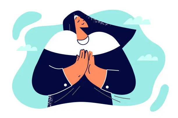 Vector illustration of Woman nun of Christian church folded hands in front of chest to turn to God for help and pray