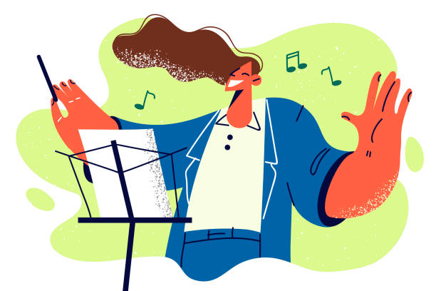 stockillustraties, clipart, cartoons en iconen met happy woman conductor controls orchestra standing near rack with notes enjoys instrumental music - dirigent