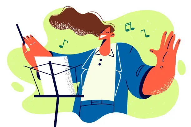 Vector illustration of Happy woman conductor controls orchestra standing near rack with notes enjoys instrumental music