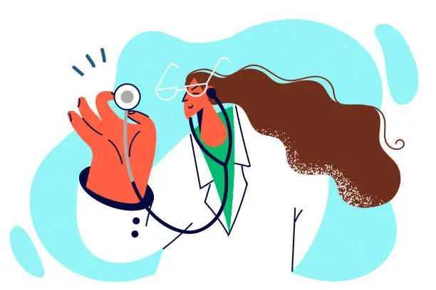 Vector illustration of Woman doctor applies stethoscope to screen to check patient heartbeat asking for cardiologist help