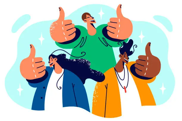 Vector illustration of Diversity people showing thumbs up as sign of friendship and approval of multiethnic society