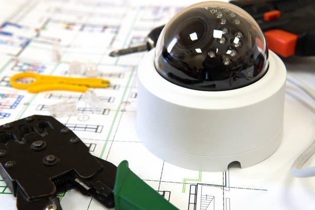 istock Security system with CCTV cameras. Equipment for video surveillance. Good for a security engineering or advertising site 1485843141