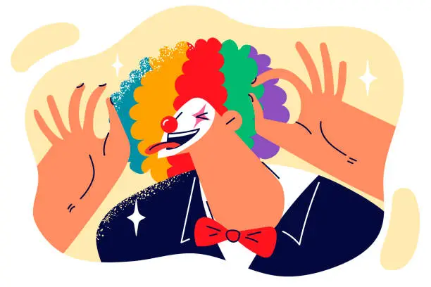 Vector illustration of Clown sticks out tongue and makes funny faces to audience laugh at humorous theatrical performance