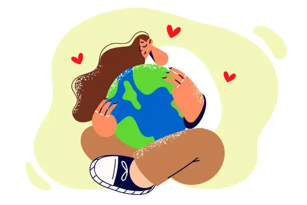 Vector illustration of Girl is considering globe choosing place for summer vacation coming up with plan for travel.