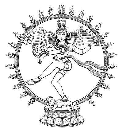 Black and white drawing of Hindu god Shiva Nataraja, Lord of the Dance, dancing the destruction and creation of the universe.