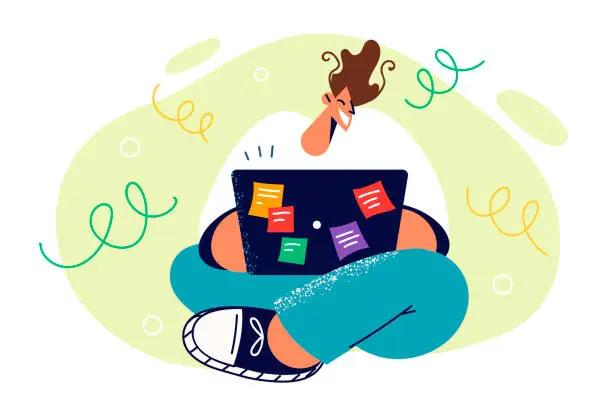 Vector illustration of Student sits cross-legged with laptop on knees and smiles typing text thesis for college admission