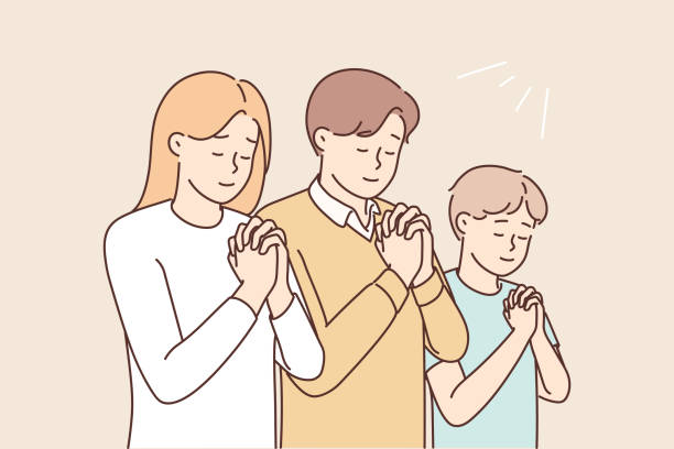 Religious family with child praying Religious family with son praying to God. Superstitious parents with child keep hands in prayer in church. Faith and religion. Vector illustration. praise and worship stock illustrations