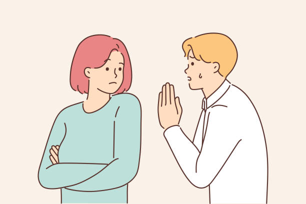 illustrazioni stock, clip art, cartoni animati e icone di tendenza di l'uomo infelice chiede l'attenzione di una donna testarda - pleading men women reconciliation