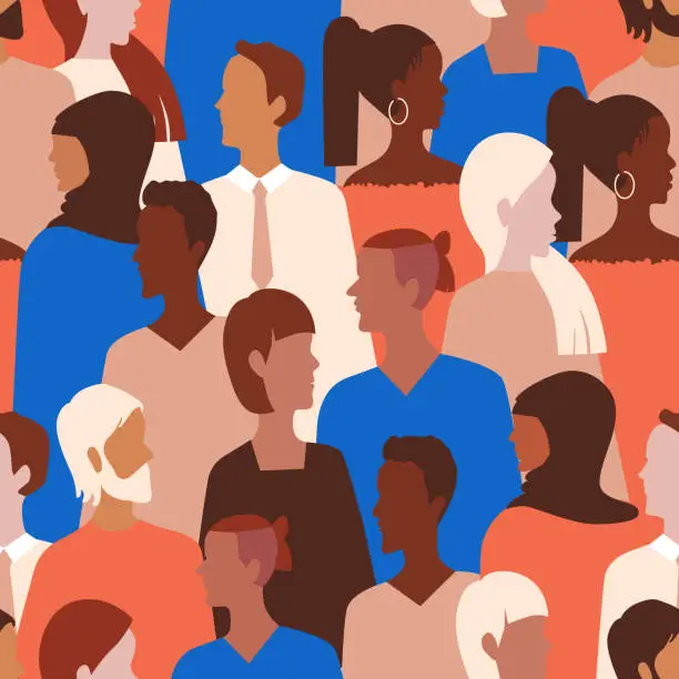 Vector illustration of Seamless pattern of diverse interracial group of people standing together