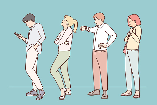 Stressed diverse people stand in queue. Distressed anxious men and women waiting in line. Vector illustration.