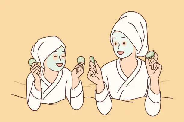 Vector illustration of Two girls with hygienic mask on face rest lying on bed during rejuvenating spa treatment