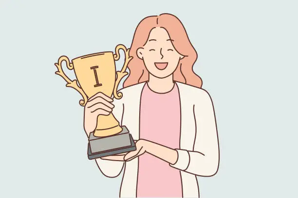 Vector illustration of Happy woman with trophy cup in hands smiles and looks at screen showing off achievements