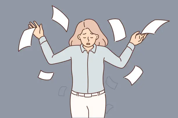 Vector illustration of Upset business woman throwing papers up during stressed about tax increase or bankruptcy notice