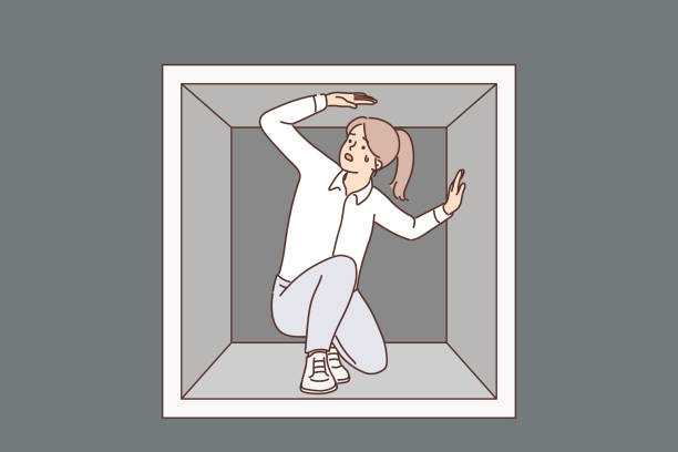 ilustraciones, imágenes clip art, dibujos animados e iconos de stock de una mujer desanimada está atrapada sentada en una pequeña caja experimentando claustrofobia y emociones reprimidas - miedo a lugares cerrados
