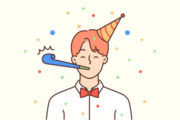 Vector illustration of Man in hat celebrates friend anniversary or birthday standing using tongue-whistle