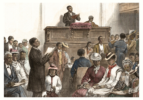 Vintage illustration shows a religious service in America among a diverse African-American congregation.