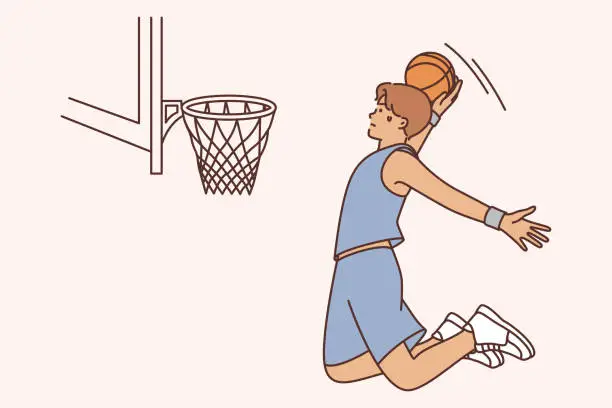 Vector illustration of Man basketball player with ball jumps to score goal into net during match against team from college