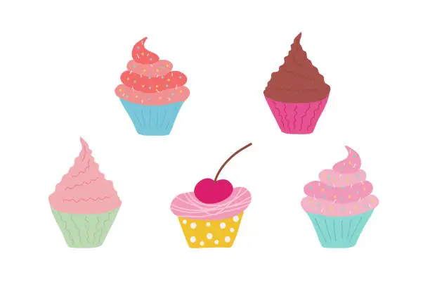 Vector illustration of A set of hand-drawn cupcakes on a white background with different creams and packaging. for cards, illustrations, banners, flyers, invitations. vector illustration.