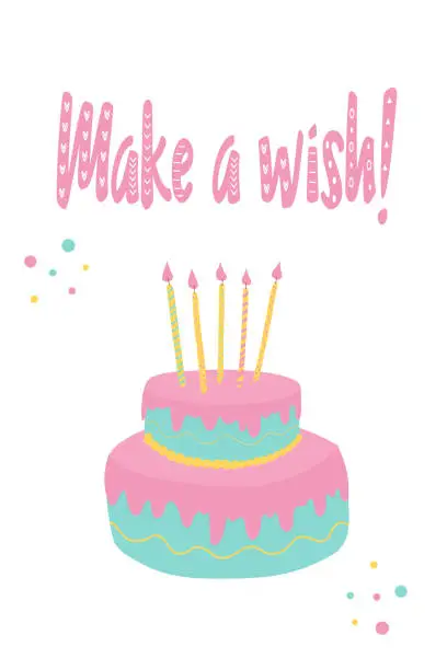 Vector illustration of Make-A-Wish card. hand-drawn two-tier birthday cake with candles, and 