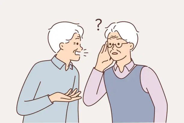 Vector illustration of Old man talking to deaf friend who puts hand to ear and is having problems after hearing aid is broken