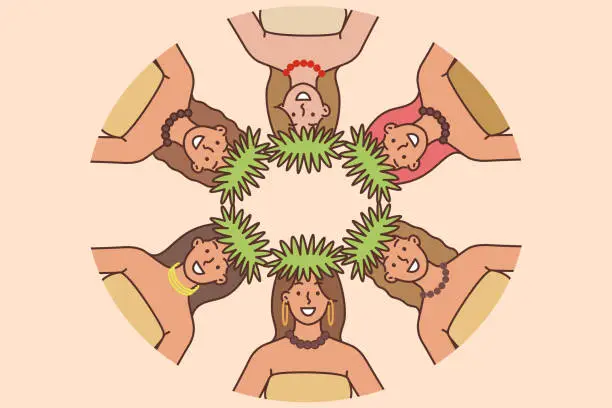 Vector illustration of Women Polynesian dancers from exotic resort on tropical island stand in circle and look at camera
