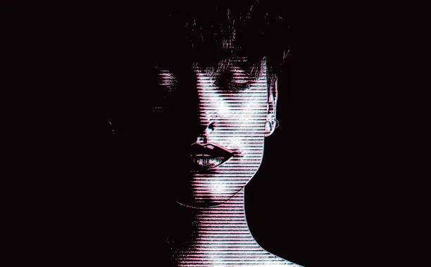 Vector illustration of Beautiful woman with eyes closed and Glitch Technique