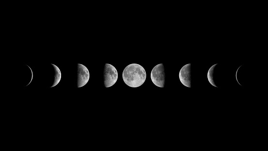Todas las fases de la Luna: Luna Menguante, Tercer Cuarto, Giboso Menguante, Luna Llena, Giboso Creciente, Primer Cuarto y Media Luna Creciente sobre fondo negro photo