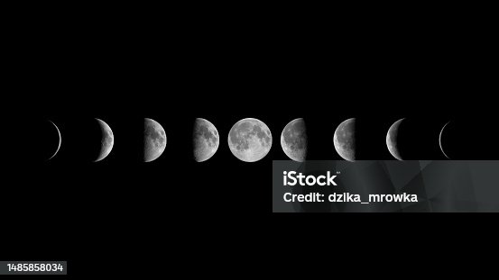 istock All phases of Moon: Waning Crescent, Third Quarter, Waning Gibbous, Full Moon, Waxing Gibbous, First Quarter and Waxing Crescent against black background 1485858034