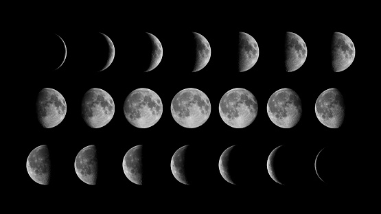 All phases of Moon: Waning Crescent, Third Quarter, Waning Gibbous, Full Moon, Waxing Gibbous, First Quarter and Waxing Crescent against black background