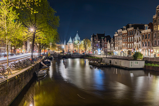 Europe, Netherlands, North Holland, Amsterdam. Lights and reflections at night in Amsterdam.