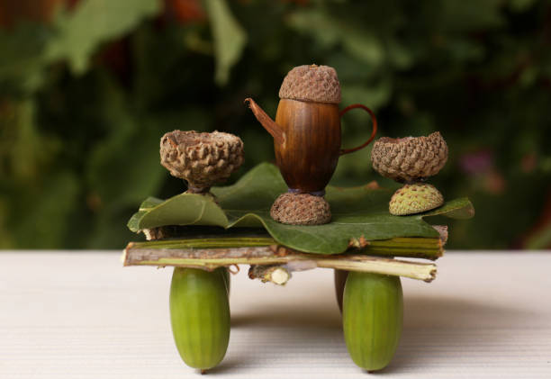 Tea set composition made of natural materials on white wooden table