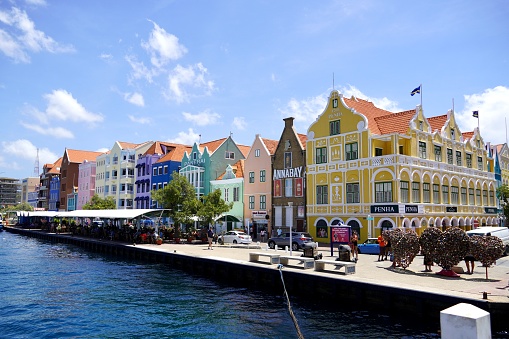 Willemstad Cuacao Mar 2023 Curaçao is famous for the Punda district's row of colorful houses along Sint Anna Bay