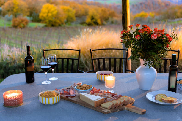 Outdoor table, wine appetizer with vineyard background in Italy Charcuterie appetizer board Outdoor table with vineyard background in Italy fall picnic table stock pictures, royalty-free photos & images